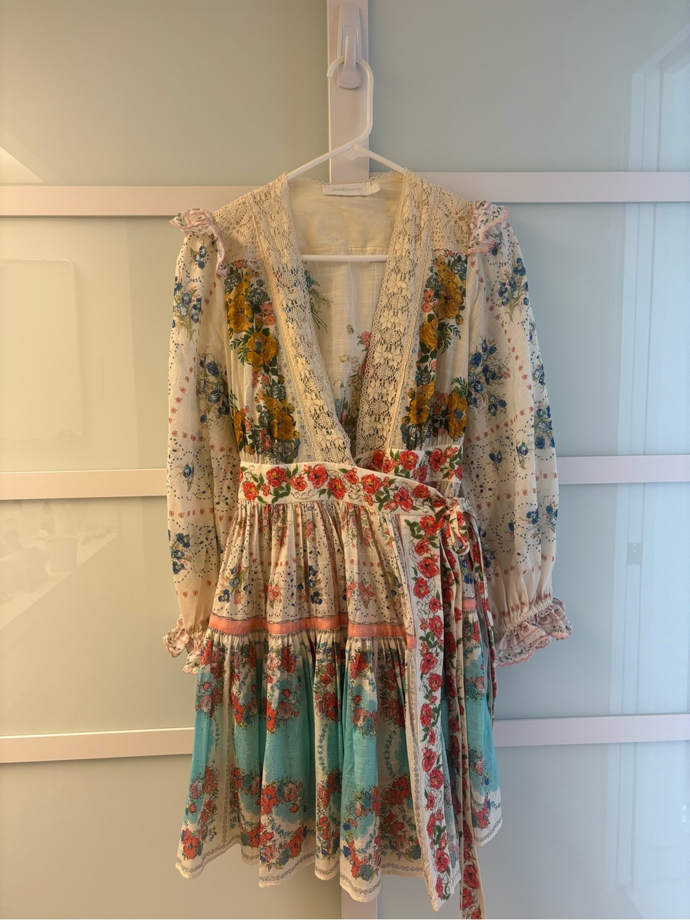 Zimmermann - Clover Patched Mini Dress, Cream w/ Floral Lace-Trim